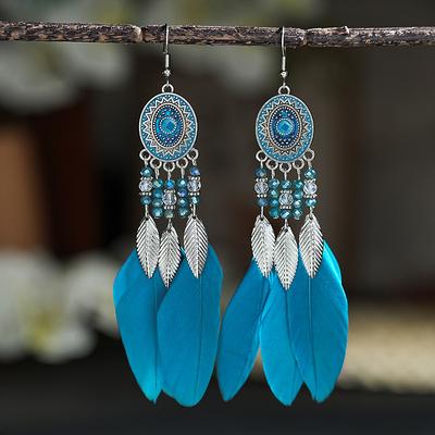 Boho Dlouhé Visací Náušnice s Pírky pro Ženy Listový Třásně Křišťálové Korálky Ručně Vyráběné Kulatý Květ Smaltované Svatba Nevěsta Šperky Dárek