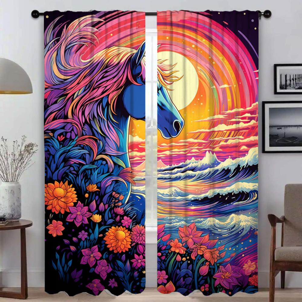 Horse Curtains for Living Room Curtain Partition Halloween Decoration Home Interior Curtains 2 Pieces Tulle for Bedroom Shades