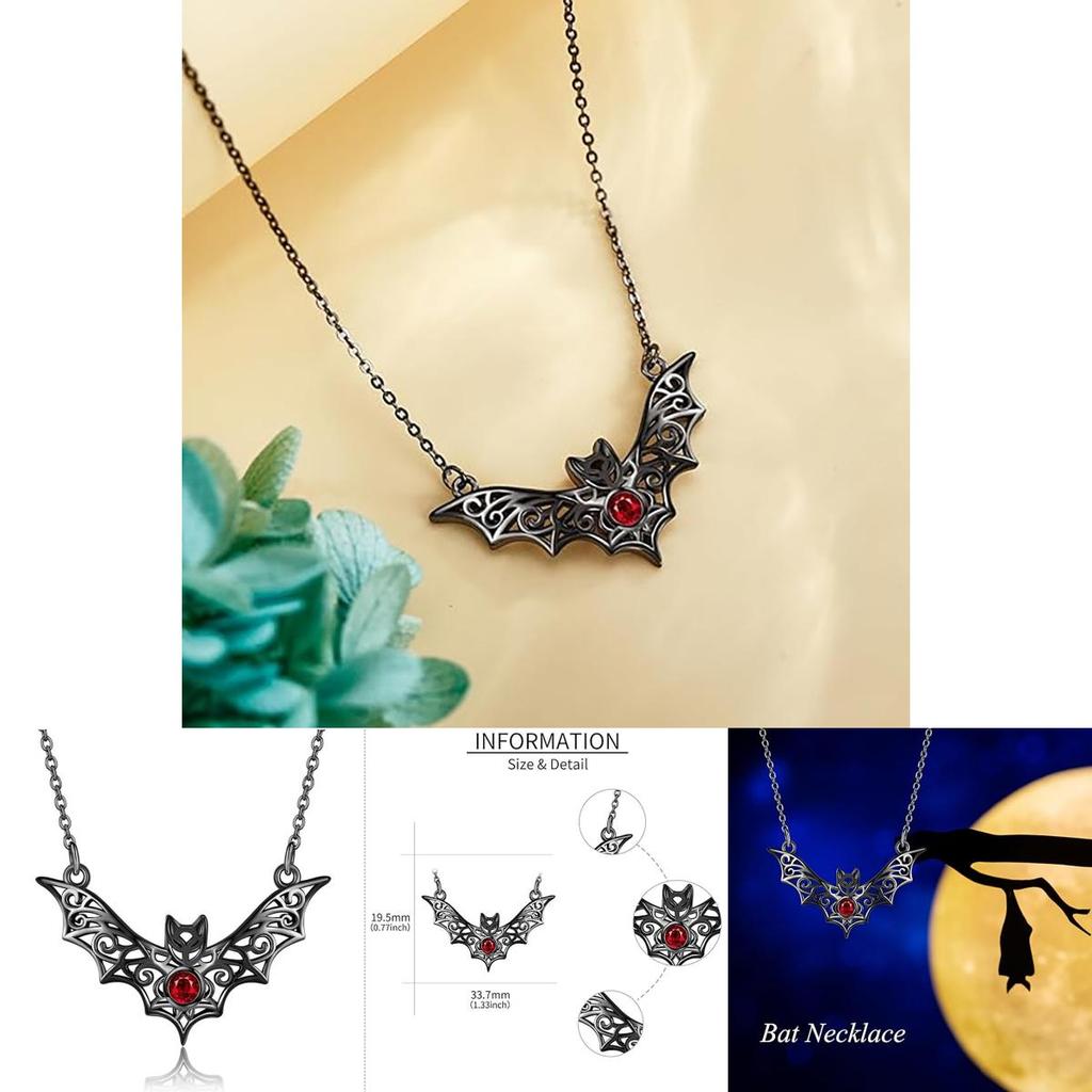Gothic Bat Pendant Necklace With Faux Ruby Cutouts And Alloy Material For Halloween Costume Accessories