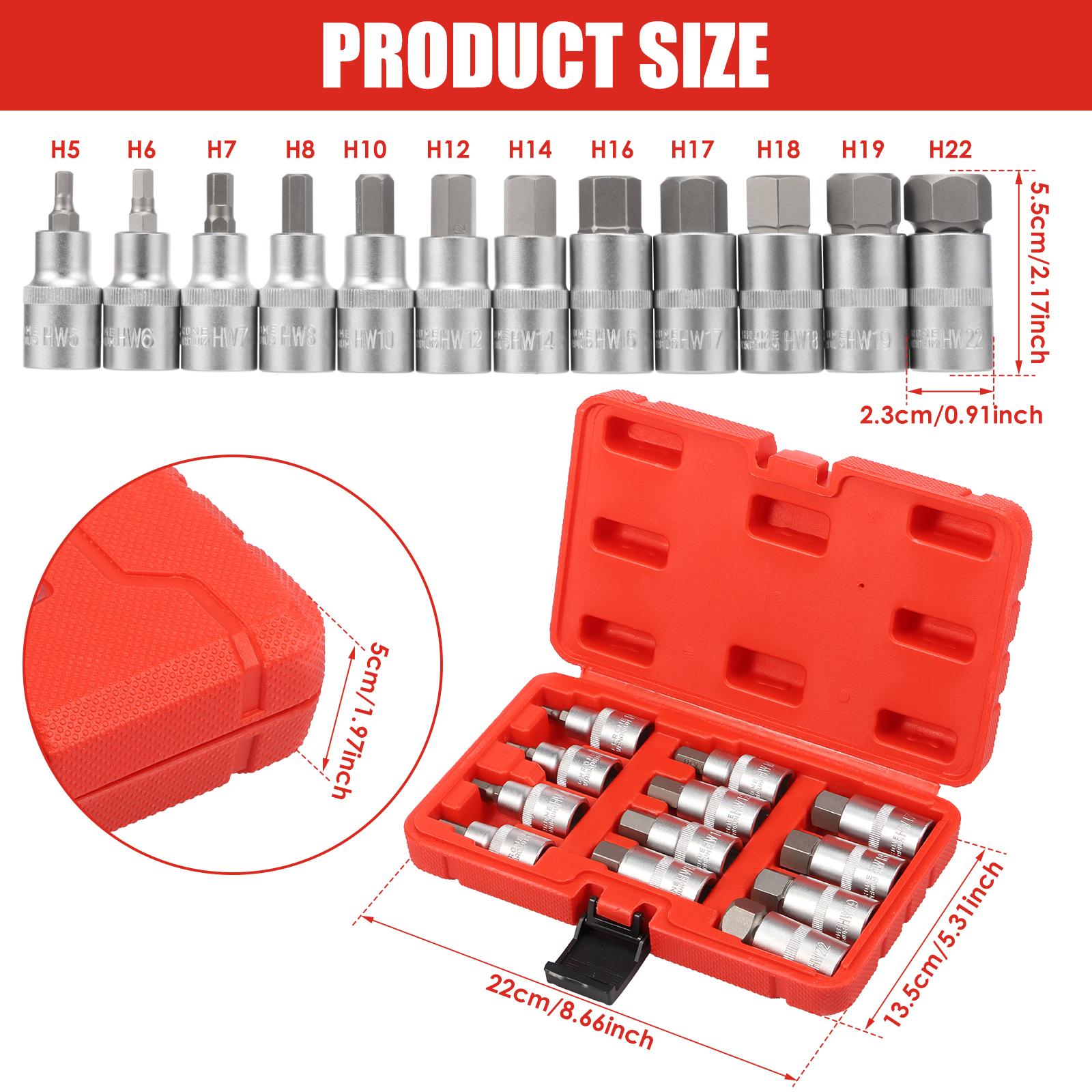 

1/2 Inch Drive Hex Bit Socket Set Tool 12Pcs Steel Allen Socket Set with Storage Case 5 mm to 22 mm for Most Ratchet Screwdriver красный