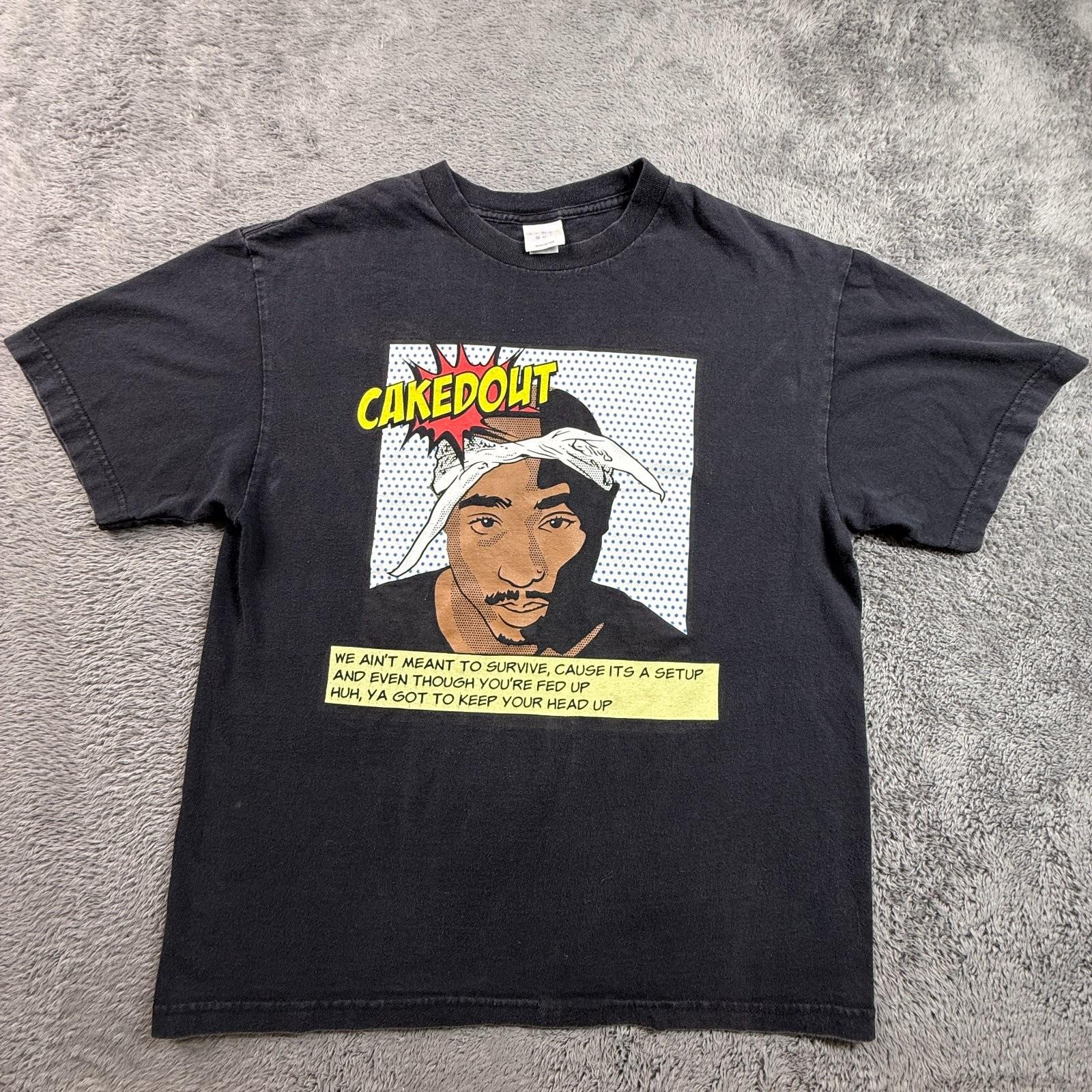 Caked Out Tupac 2Pac Keep Ya Head Up Comic Style Tee Mens L Black Rap Hip Hop Unisex T-Shirt L