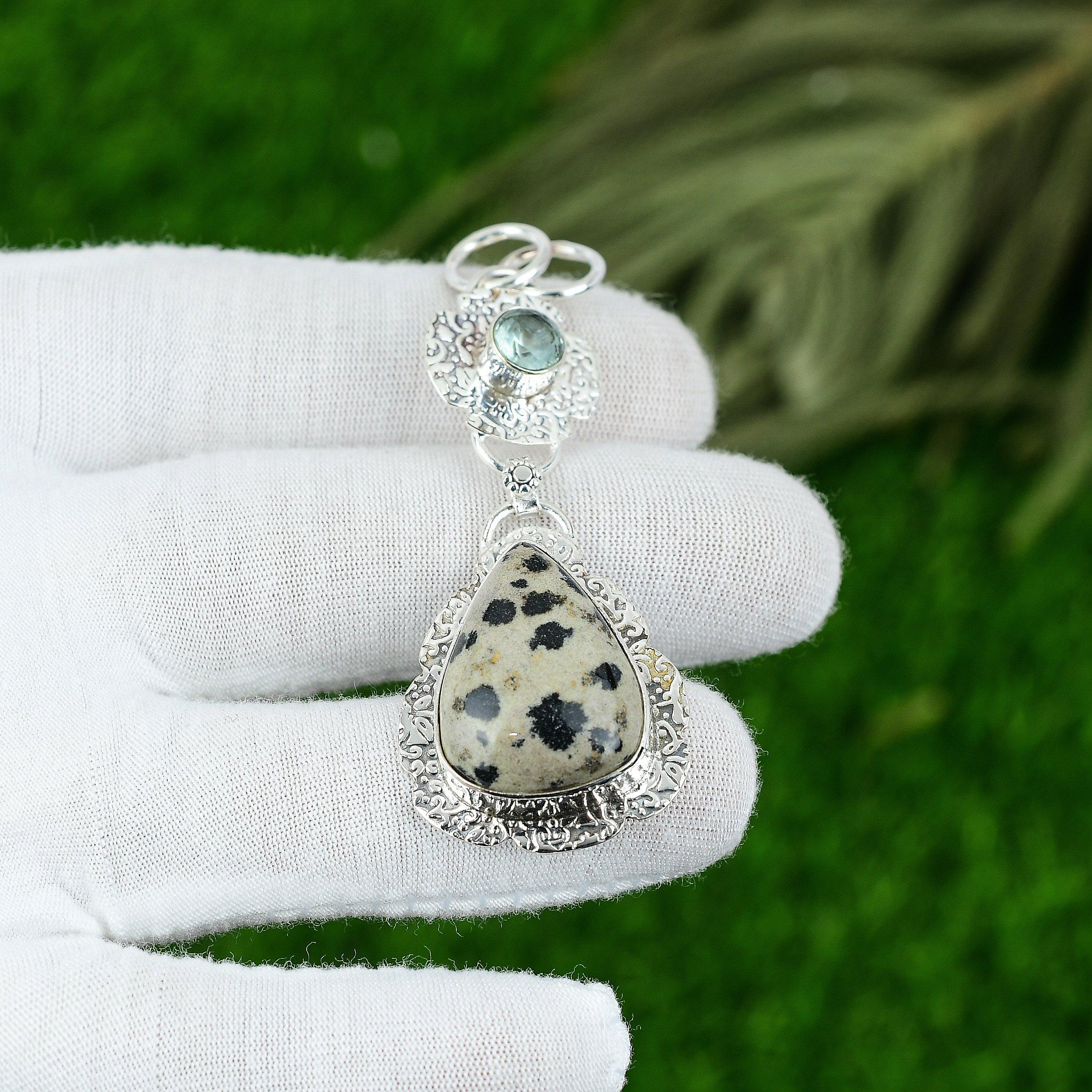 Pear Dalmation Jasper Gemstone Apatite Bezel Art Deco Artisan Pendant 925 Silver