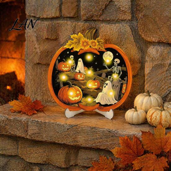 Autumn Seasonal House Decoration Halloween Wooden Pumpkin Sign, LED Light Up Ghost Hanging Sign Wall for Indoor Outdoor Holiday Party Decor Gift Goth