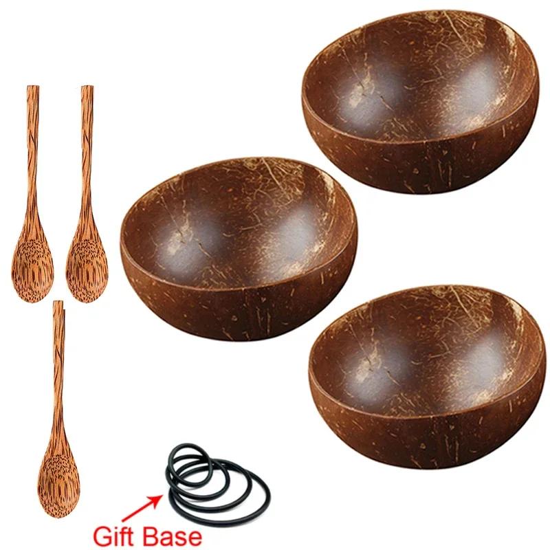 12-15cm  Natural Coconut Bowl Set Wooden Salad Ramen Bowl Coconut Wood Spoon Set Coco Smoothie Kitchen Tableware Coconut Bowl