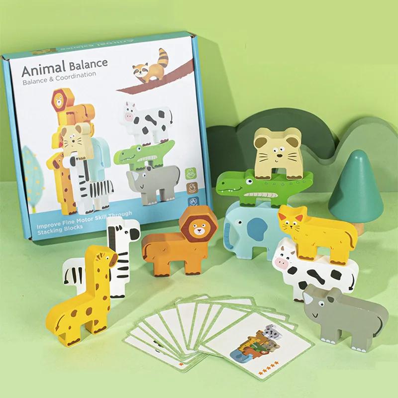Wooden Montessori Animal Stacking Block Game Shape Matching Balance Fine Motor Training Educational Toys For Children