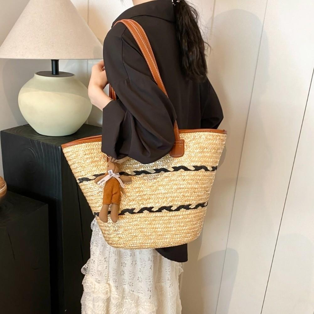 Fashion Straw Tote Bag Stripe Large Capacity Woven Shoulder Bag Square with Zipper Vacation Beach Bag