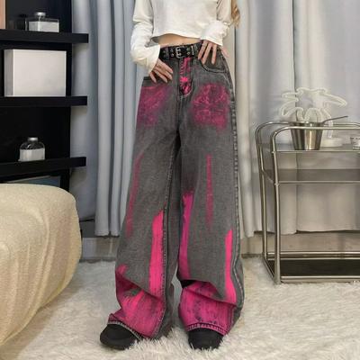 Women Jeans Vintage Pink Graffiti Wide Leg Loose Contrast Color Denim Pants Zipper Button Closure Hip Hop Streetwear Straight Trousers