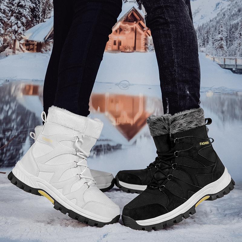 Couple Lace-up Snow Boots Fur-lined Half Boots Plush Cotton Shoes Anti-slip Winter Warm Outdoor Sneakers Wear-resistant