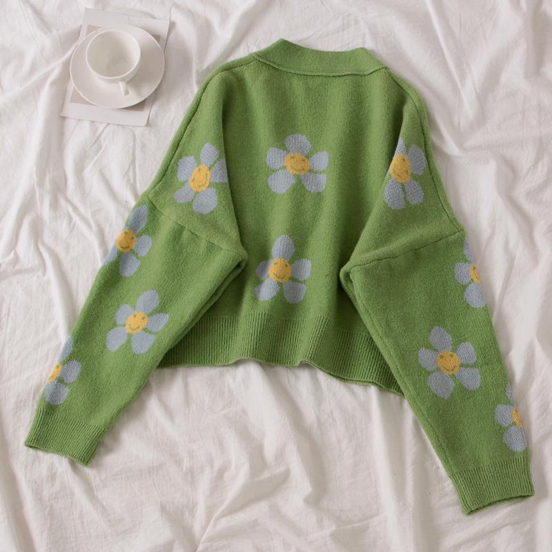 Preppy Style Flower Knit Cardigans Sweater Women V-Neck Loose Elegaht Thicked Pull Femme Print Short Casual Coat