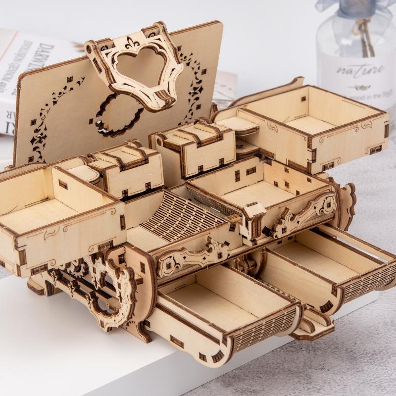Wooden 3D Three-Dimensional Diy Hands-On Assembly Of Antique Jewelry Boxes, Handicrafts, Boys And Girls, Gifts, Movable Assembly Toys