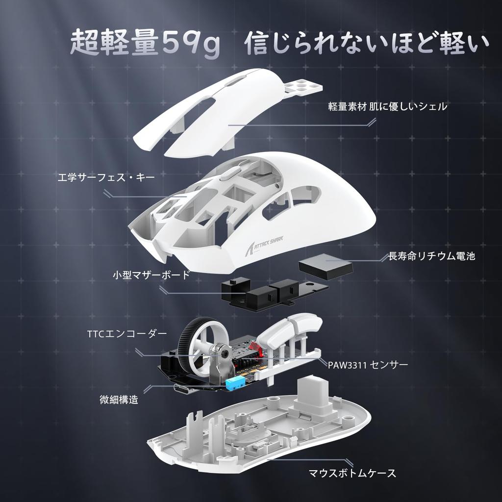 ATTACK SHARK X ZIYOU LANG R1 Gaming Mouse SUPERLIGHT Wireless PAW3311 18000DPI Wireless 59g Rechargeable Ergonomic White 2.4Ghz/Bluetooth/Type-C