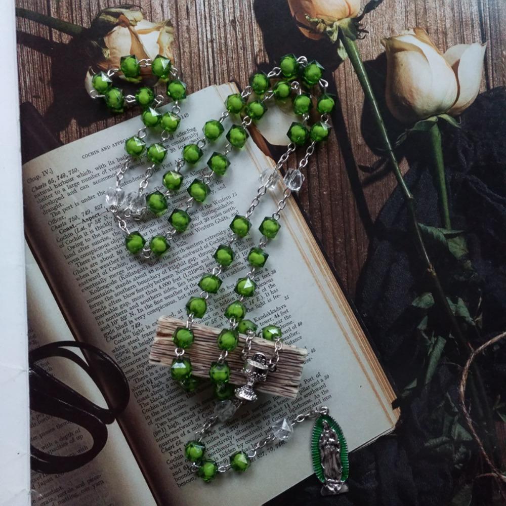 Green Stones Rosary Cross Necklace Christian VirginMary Center Accessories Sweater Chain Church Jewelry Accessories