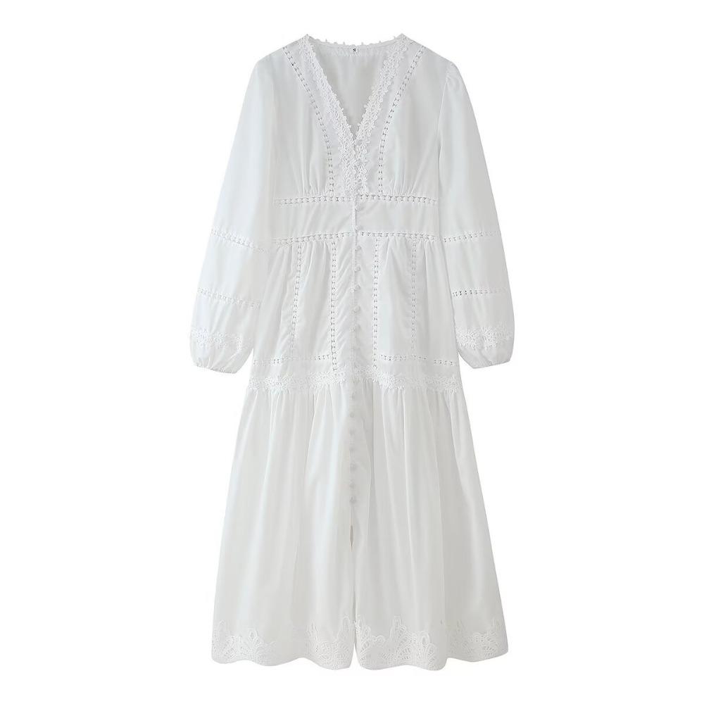 Women s V Neck Long Sleeve Midi Dress Loose Fit Mid Waist Casual Lace Eyelet Button Tiered Maxi Dress S белый
