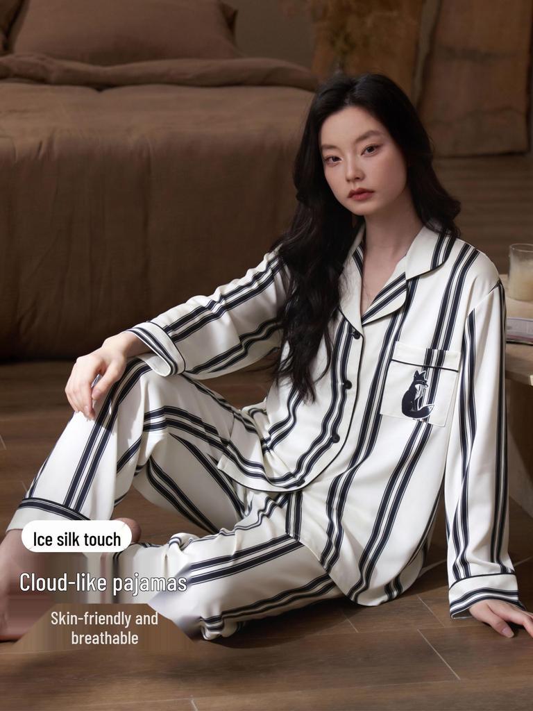 Women's Striped Thin Ice Silk Pajama Set, Long Sleeve, Spring/Autumn Style, High-End Feel for Indoors or Outdoors