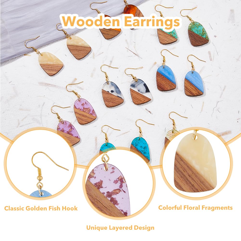 8 Pair 8 Color Resin & Wood Dangle Earrings with Iron Pins, Teardrop, Mixed Color, 48x20mm, 1 Pair/color
