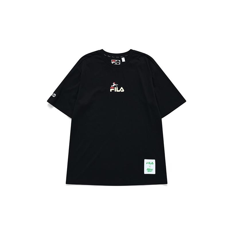 FILA Fusion x Jeremyville Collaboration Streetwear Skateboard Print Loose Fit Short Sleeve T-Shirt Unisex tops Deep-Black T11U139103FBK