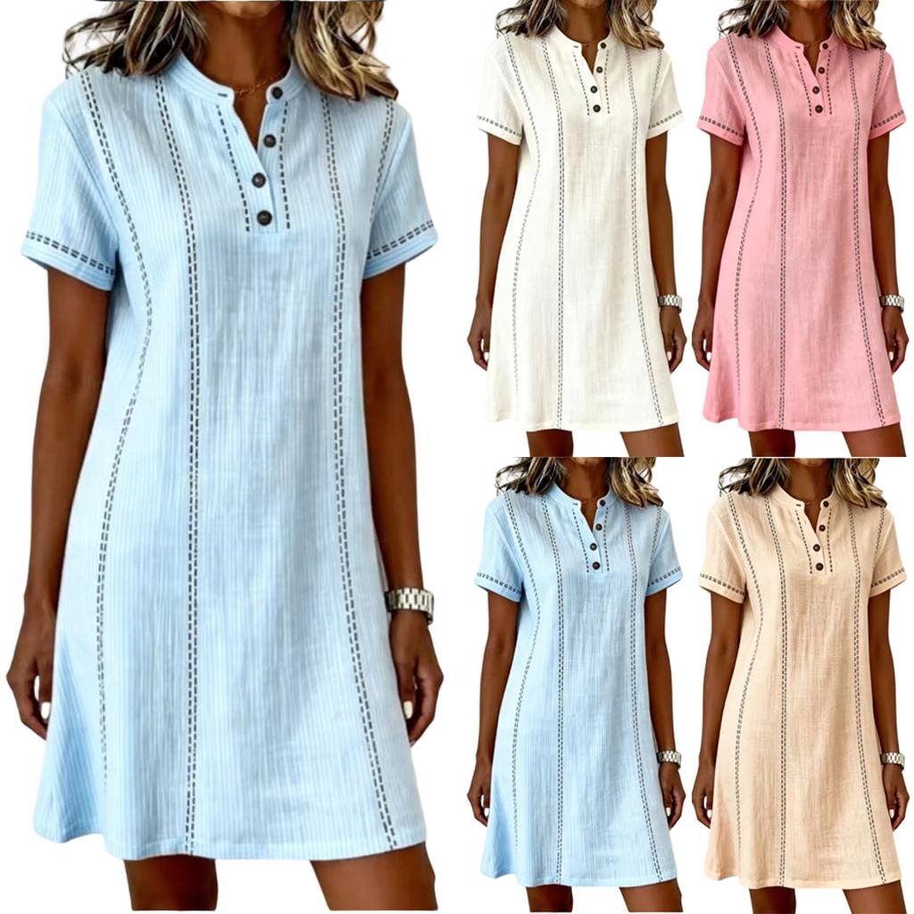 Women Casual V Neck Button Front Short Sleeve Dress Lightweight Summer Loose Fit Knee Length Dress for Daily Wear