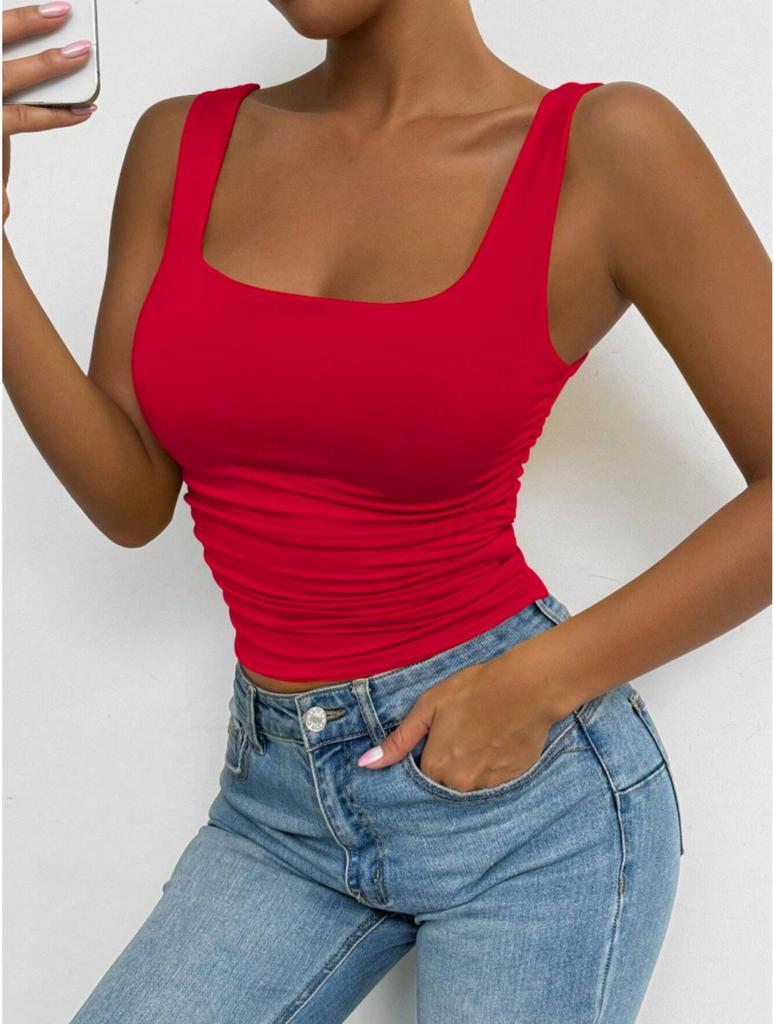 Square Neck  Knit Tank Top Crop Tops Women Summer Camis Solid Color Camisole Fashion SportsTube Female Sleeveless Cropped Y2K Girl Clothes