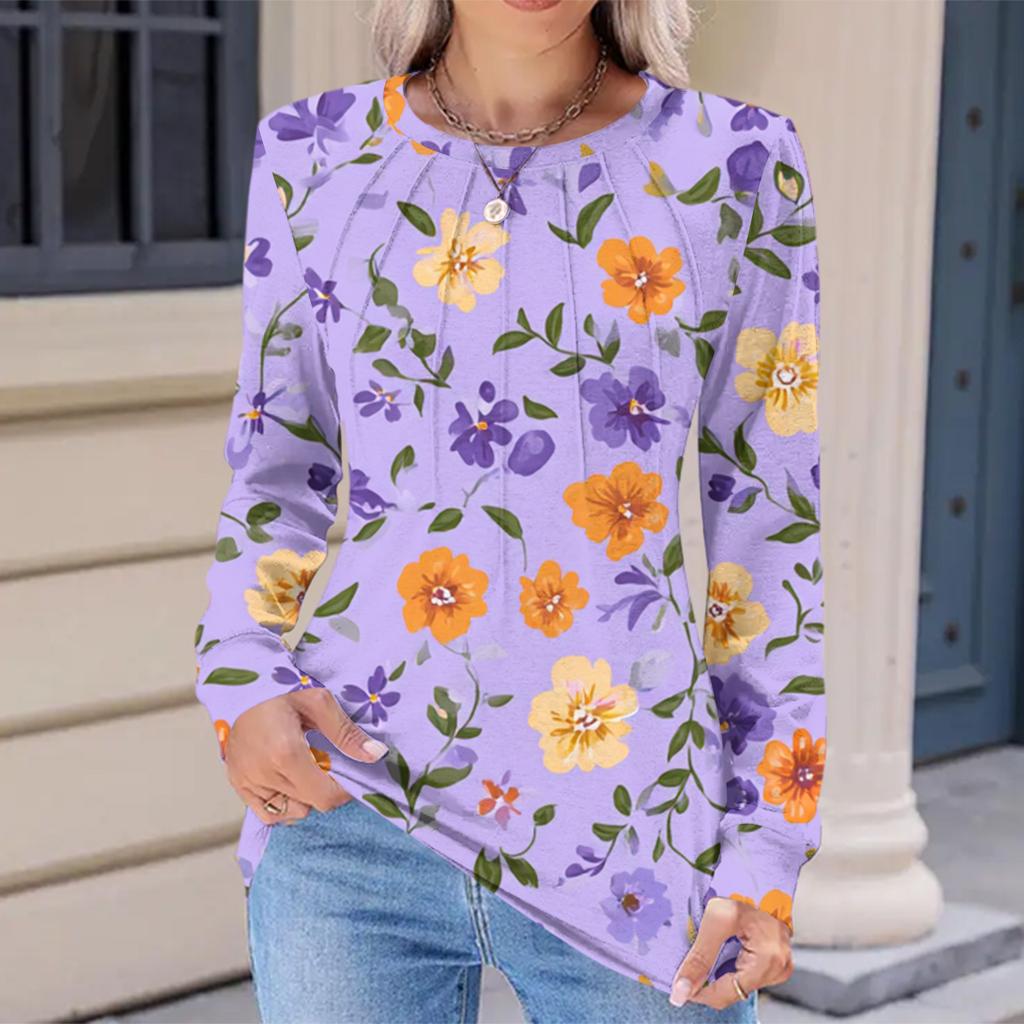 Women's Fashionable Casual Floral Retro Print Pleated Comfortable Round Neck Loose Long Sleeve T-shirt Top