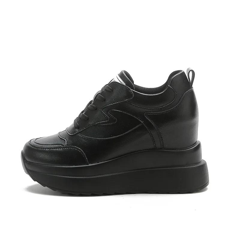 Increased 10CM Genuine Leather Sneakers Platform Wedge Hidden Heel Pumps Warm Fur Women Winter Shoes