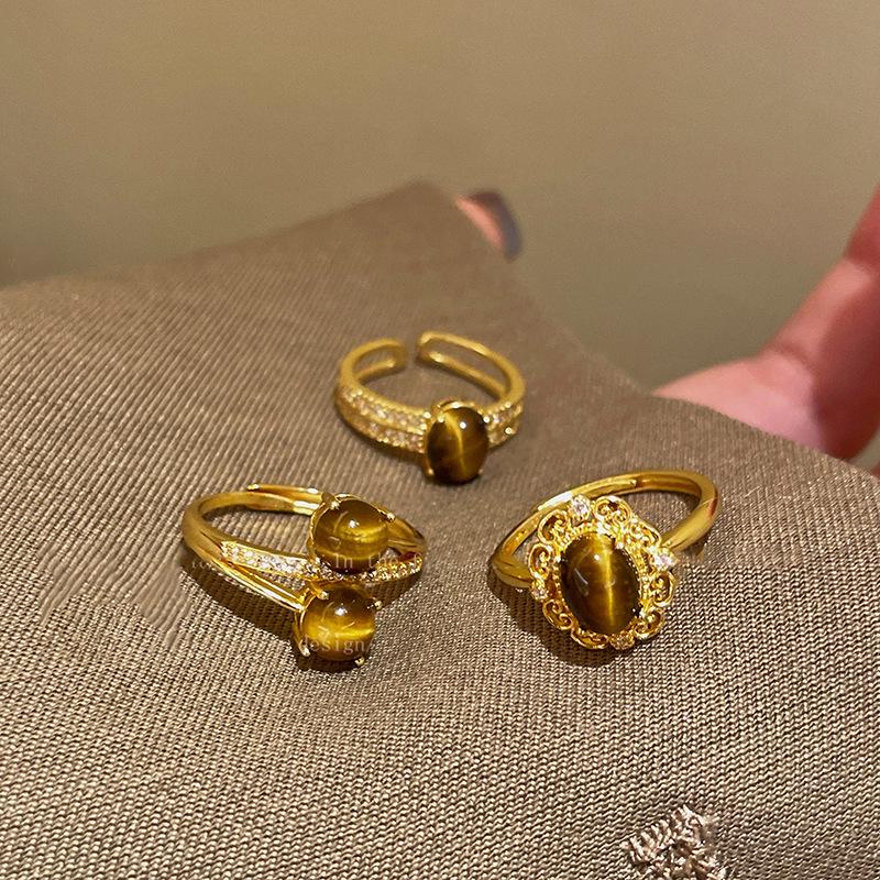 18k Gold Plated Tiger Eye Zircon Coffee Ring - High-End Niche Style Jewelry for Women
