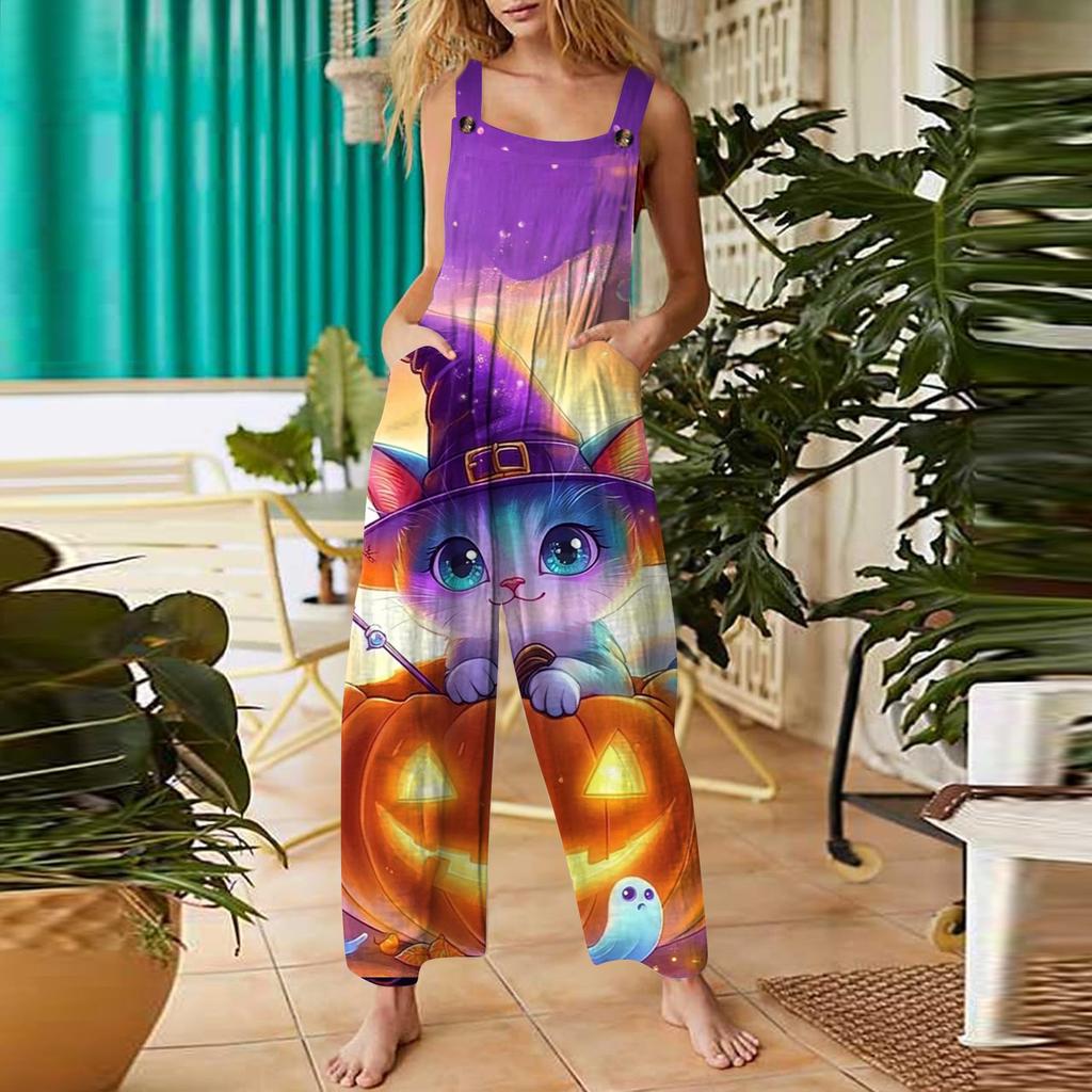 Women's Casual Halloween Printed Jumpsuit Sleeveless Printed Cotton Jumpsuit