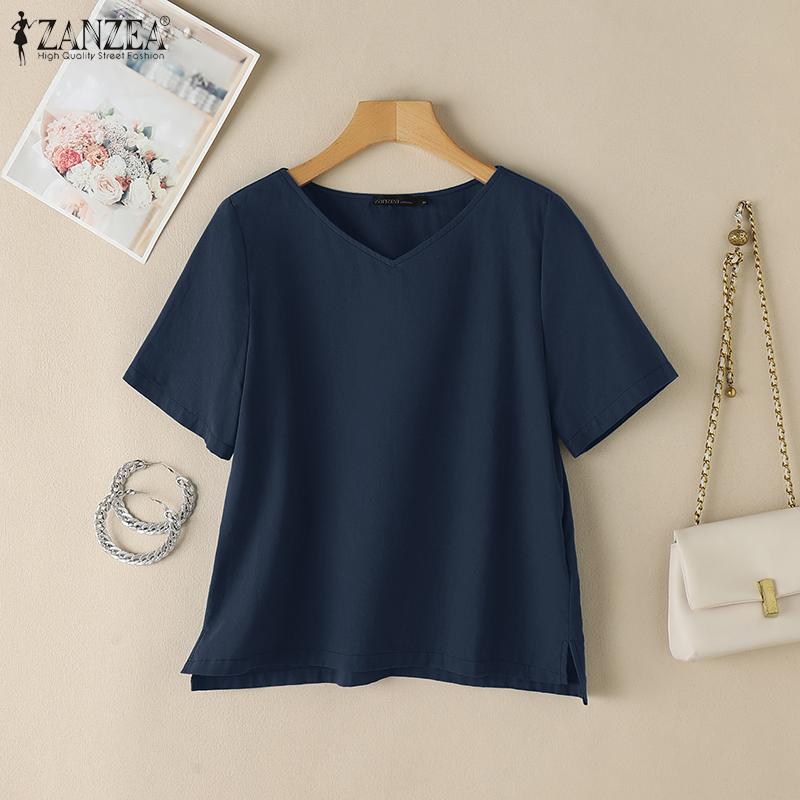 ZANZEA Women Casual V-Neck Summer Short Sleeve Cotton T-Shirts