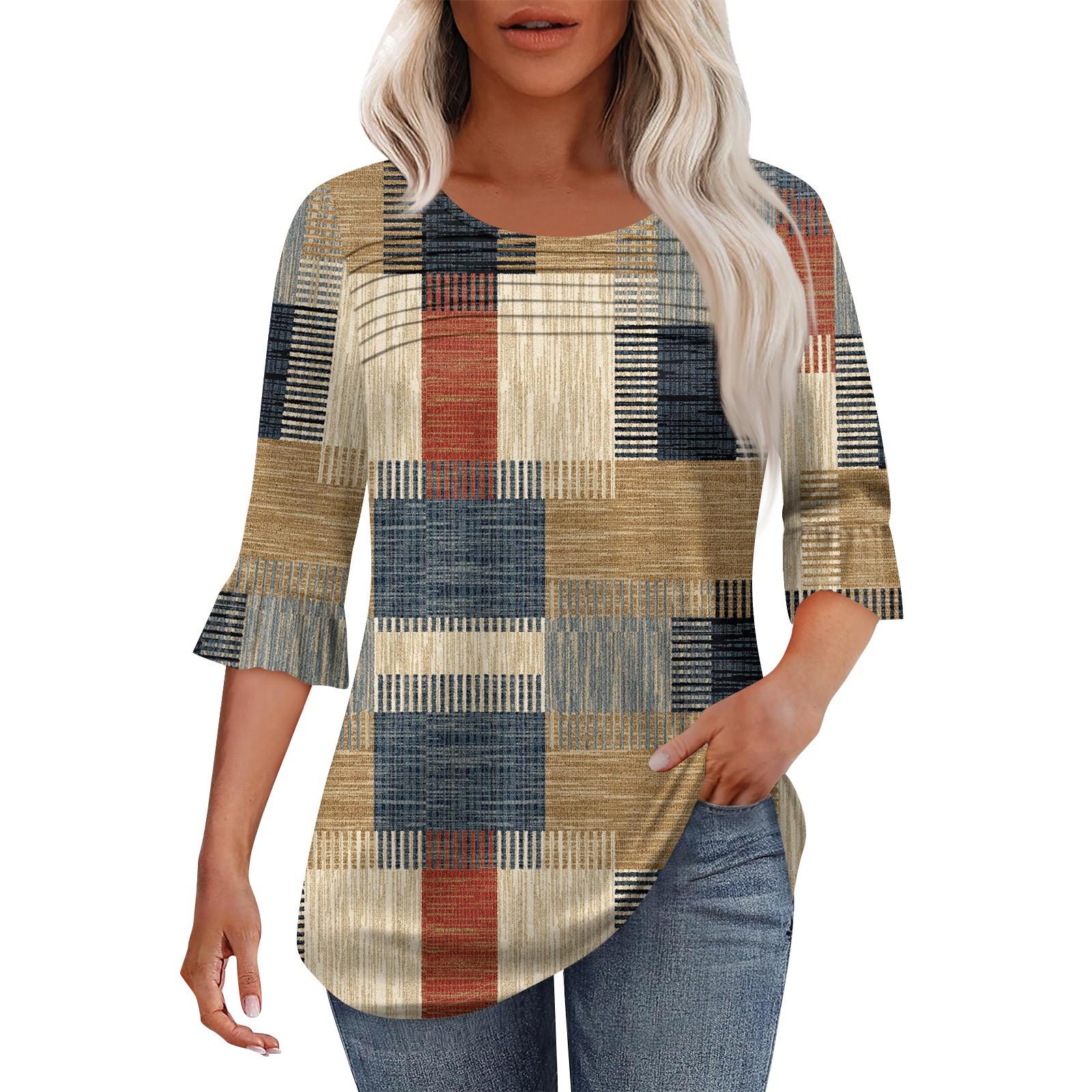 

Женская мода круглый вырез шея плиссированный спереди напечатанные точки расклешенный топ рукав 3/4 S верблюд