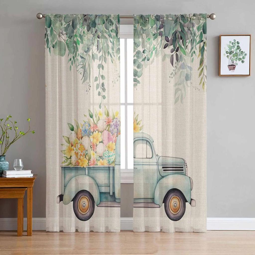 Oster-LKW-Eier, Aquarell-Blätter, Tüll-Vorhänge für Wohnzimmer, durchsichtiger Vorhang für Schlafzimmer, Küche, Jalousien, Voile-Vorhänge
