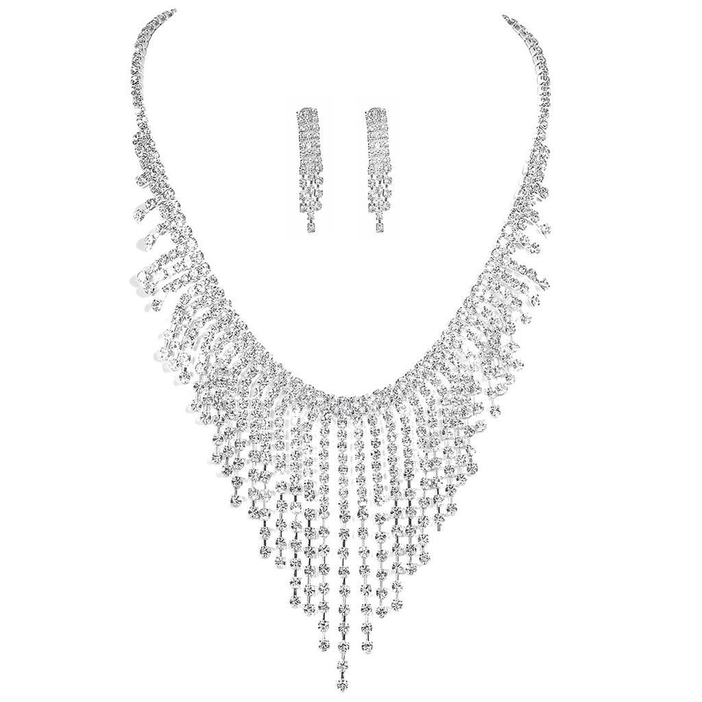 Explosive Set Luxury Shiny Rhinestone Necklace Earrings Two-piece Set