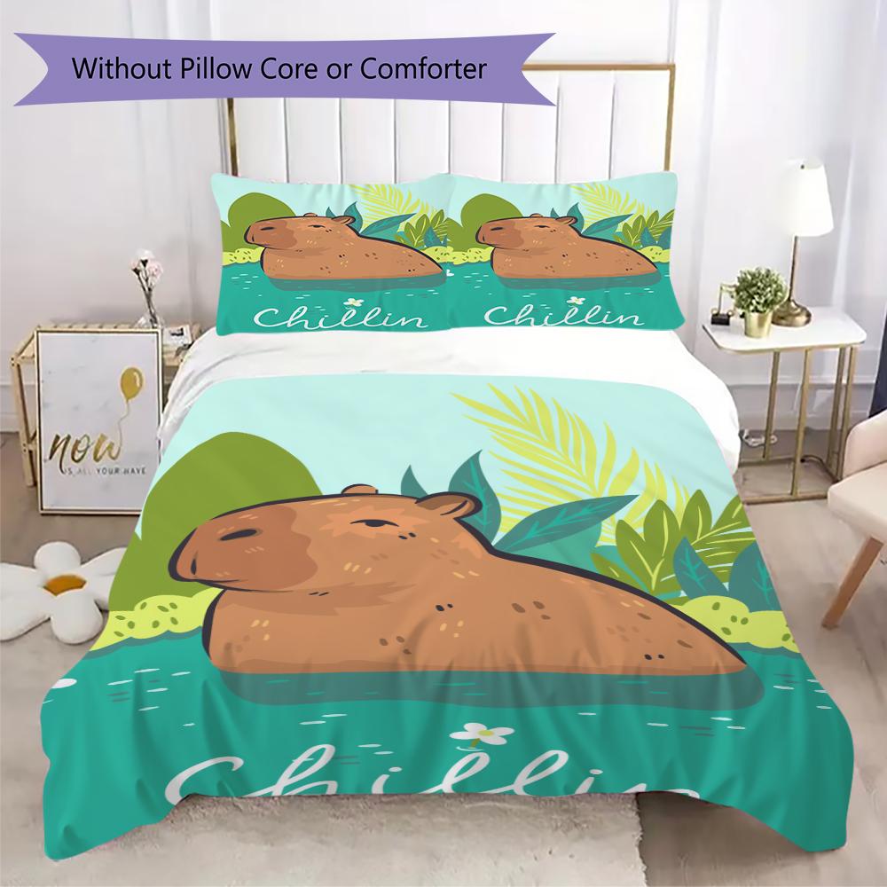 1 Stück Capybara süßes Muster Bettwäsche Steppdecke Set Bettbezug Kissenbezug Heimdekoration Geburtstagsgeschenk (1 Bettbezug + 2 Kissenbezüge, ohne Füllung)
