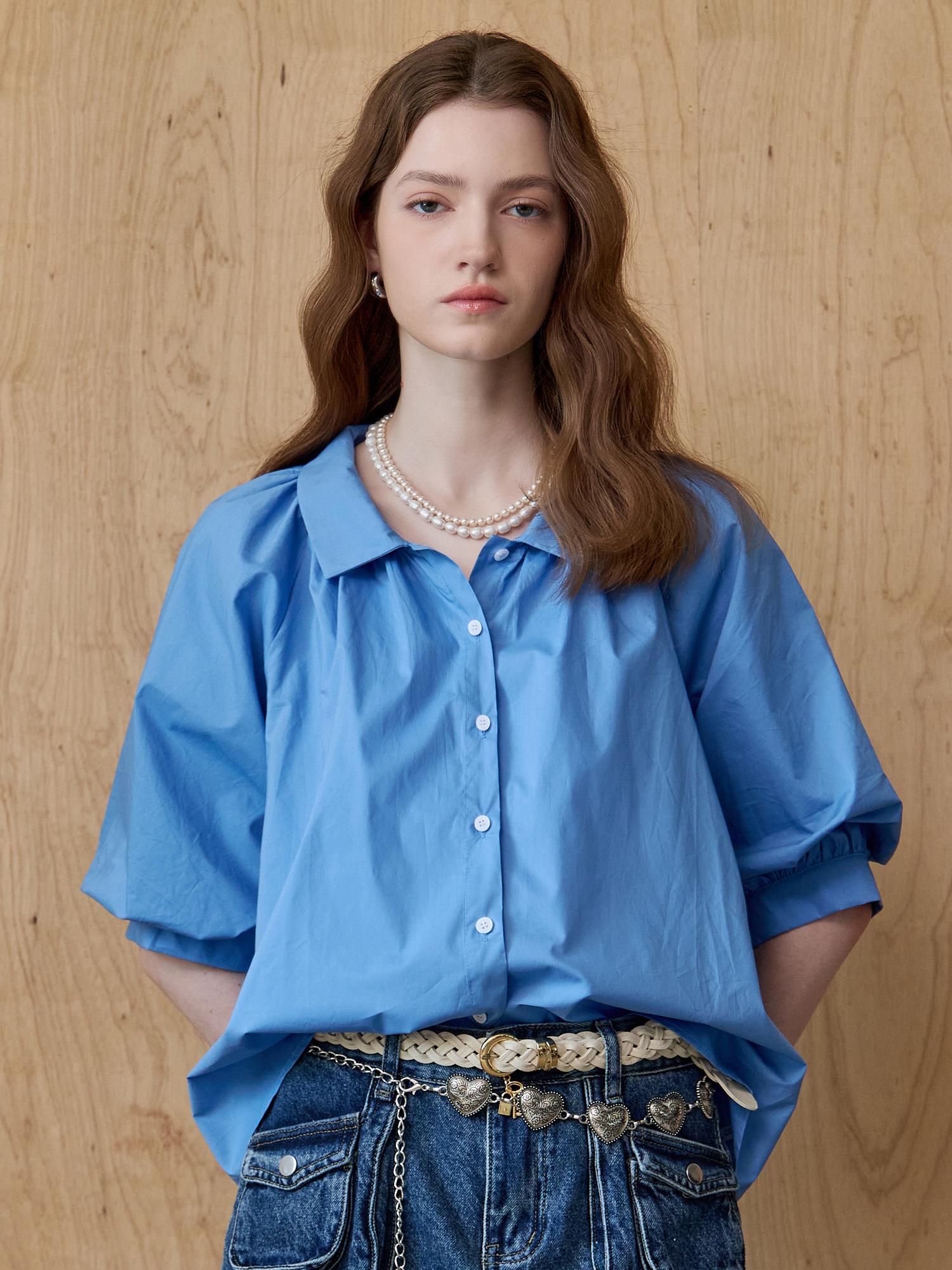 Maja Shirred Balloon Sleeve Short Sleeve Shirt Blouse Blue/Free