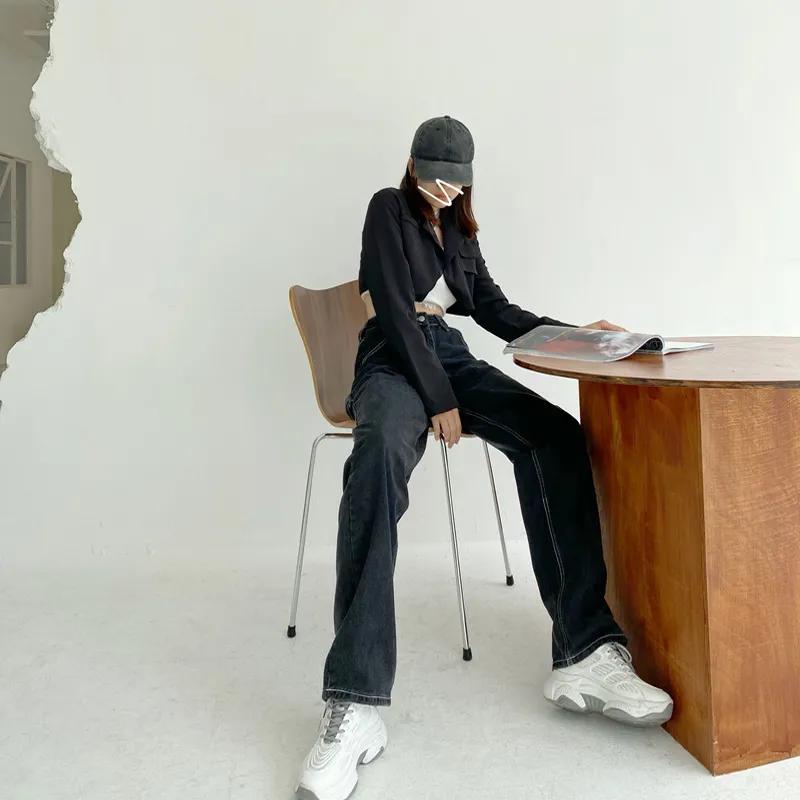 Černé džíny s rovnými nohama Tooling Jeans Dámský jarní design Vysoký pas a tenké volné kalhoty na vytírání širokých nohavic Ins Tide