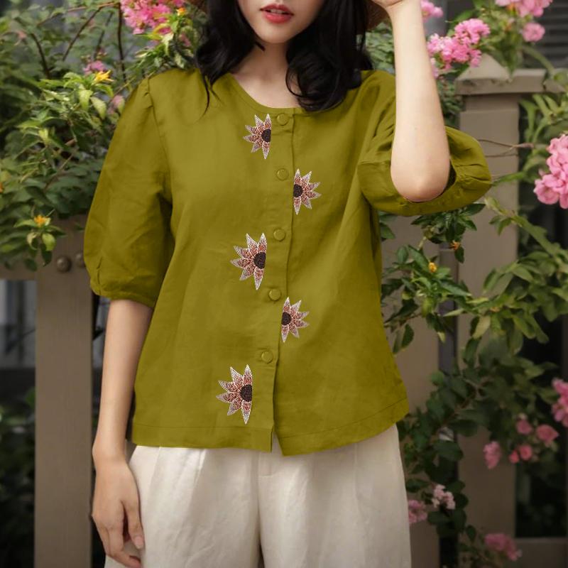 

ZANZEA Женская повседневная летняя блузка с круглым вырезом и коротким рукавом с цветочным принтом 3XL зелёный