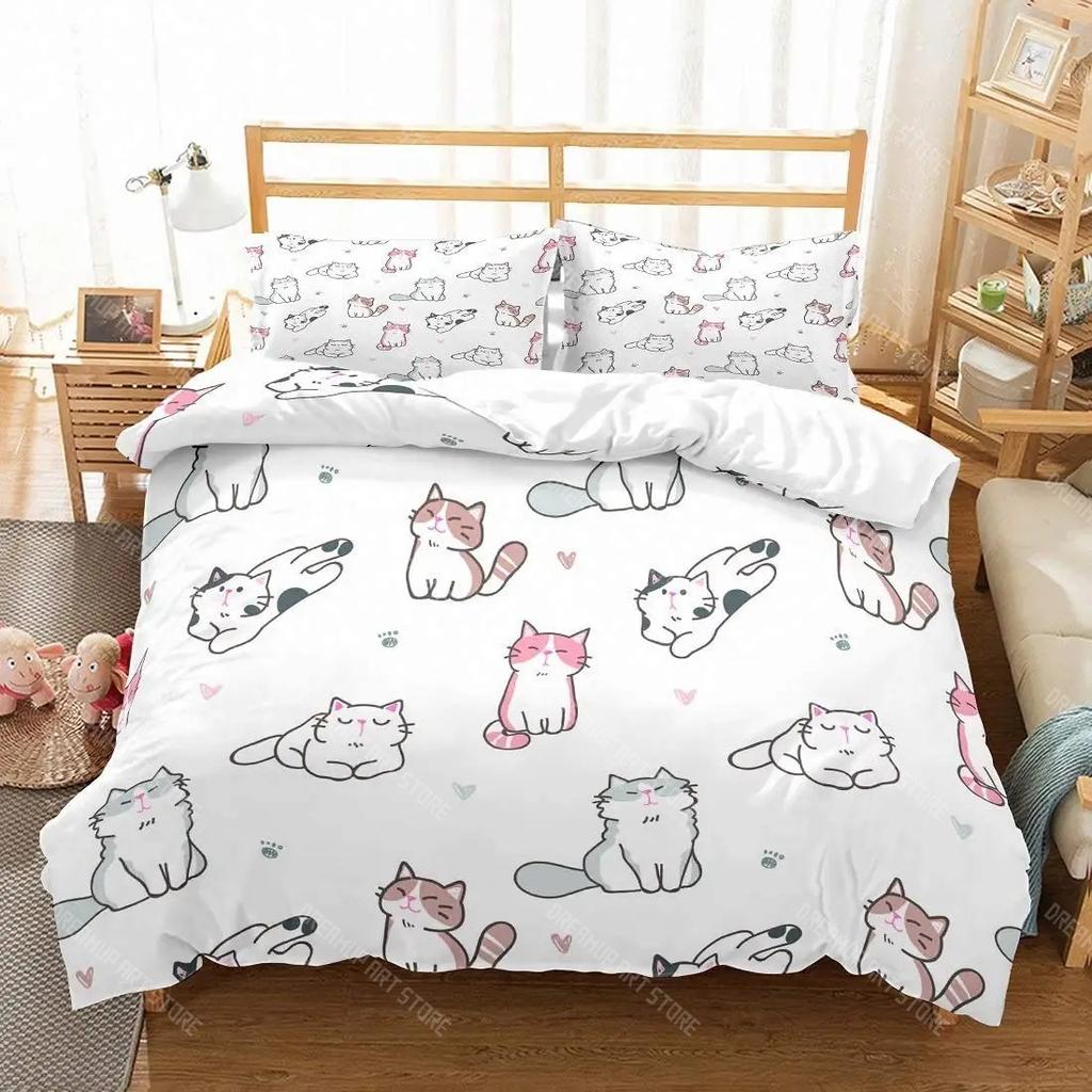 Boys Girls Animal Theme Cute Kitten Pattern 2_3pcs 3D Kids Cats Bedding Set Twin Size Green Cartoon Cats Bedding Set for Kids