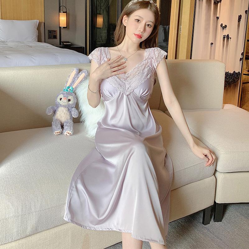 Internet Celebrity New Sexy Women Summer Suspender Nightdress Lace Lace Dress Pajamas Homewear Ice Silk V-neck Explosion