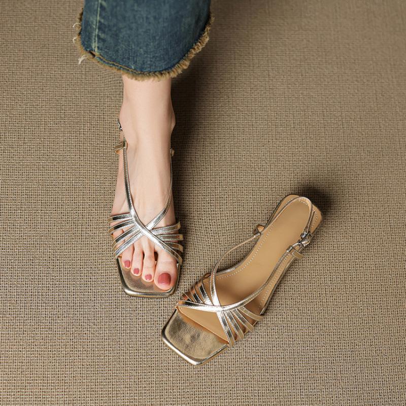 French Retro Summer Open-toed Low-heeled Shoes Versatile Large-size Roman Shoes with Hollowed-out New Sandals Women's Square Head