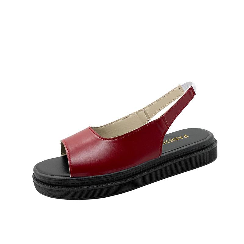2023 New Large Solid Color Women's Sandals Thick and Low Vintage Elastic Belt Round Toe Flat Bottom Sponge Shoes