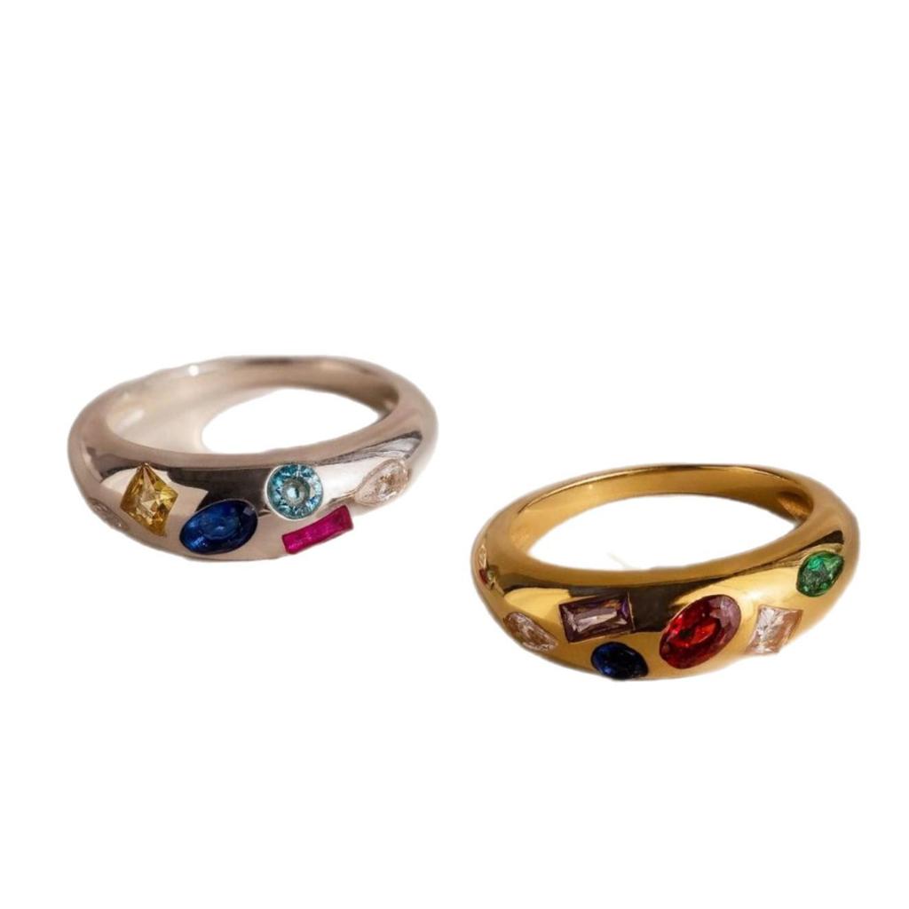 Geometric Irregular Design Pavé Set Colored Zircon Ring - High-End European and American Fashion Trend