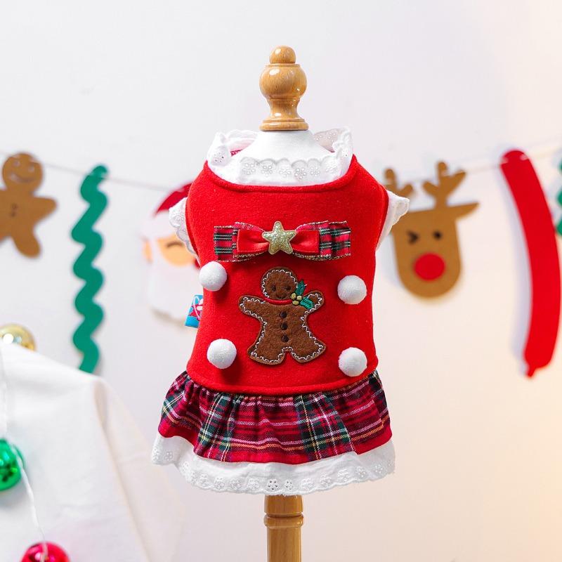 Autumn and Winter Festival Pet Cute Puppy Kitten Casual Fashion Clothing Gingerbread Man Red Plaid Skirt
