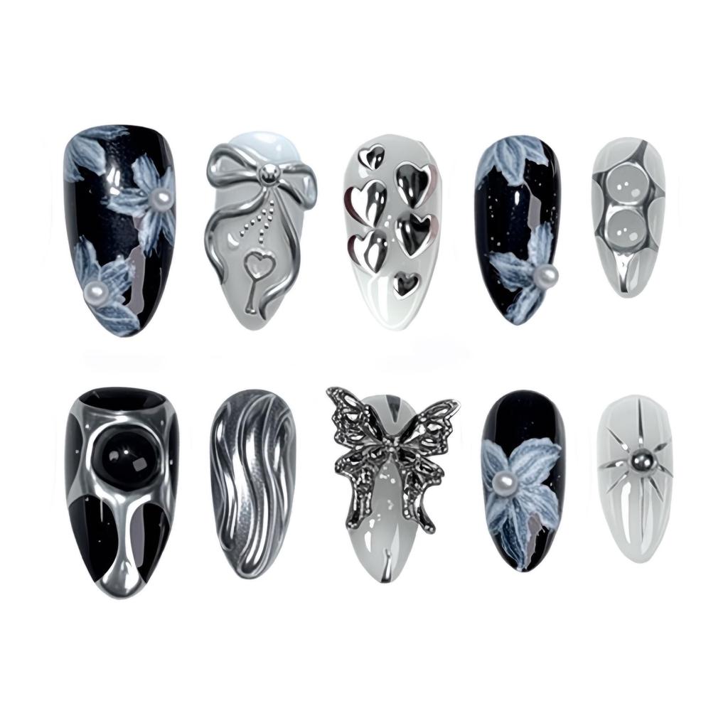 30-Piece Set: Handmade Almond Nails with 3D Flowers, Butterflies & Pearls