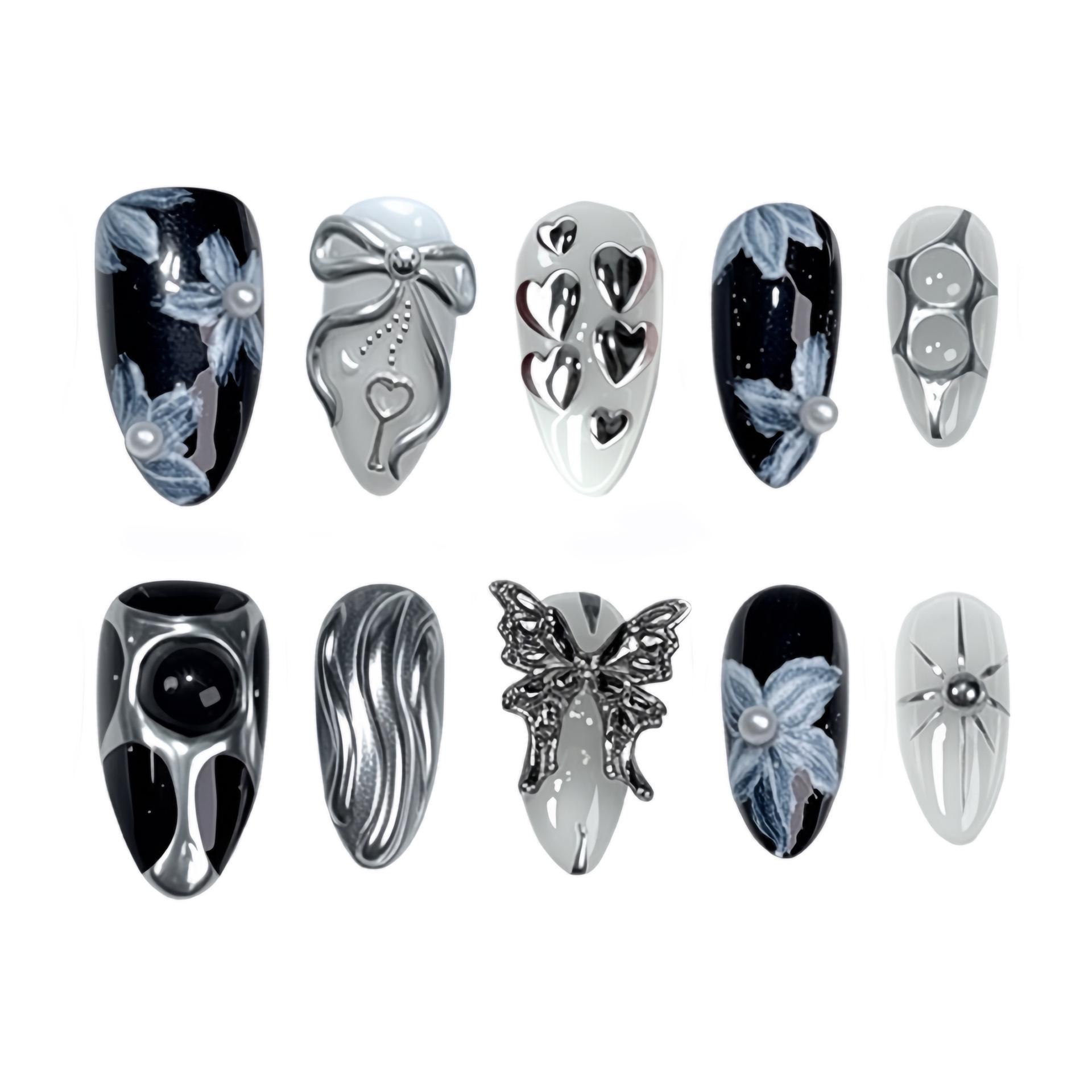 24-Piece 3D Almond Butterfly Heart Rhinestone Nail Art Set with Handmade Floral Design