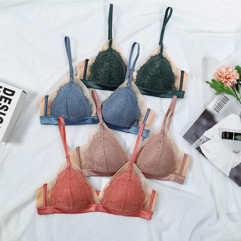 French sexy underwear women's eyelashes lace rimless bra thin cotton triangle cup gather bra bra bra