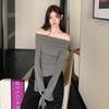 [Original quality] Pure desire slant shoulder horn sleeve top bottoming shirt off shoulder long sleeve T-shirt autumn thin inner cover women