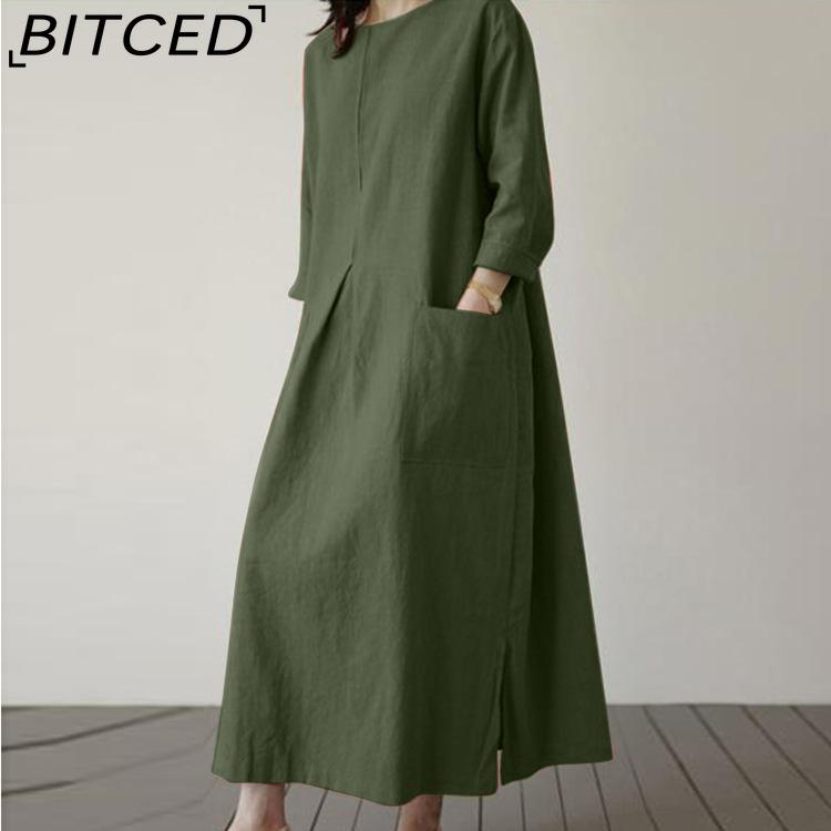 BITCED Women Casual Cotton Long Dress O-Neck 3/4 Sleeves Casual Dresses