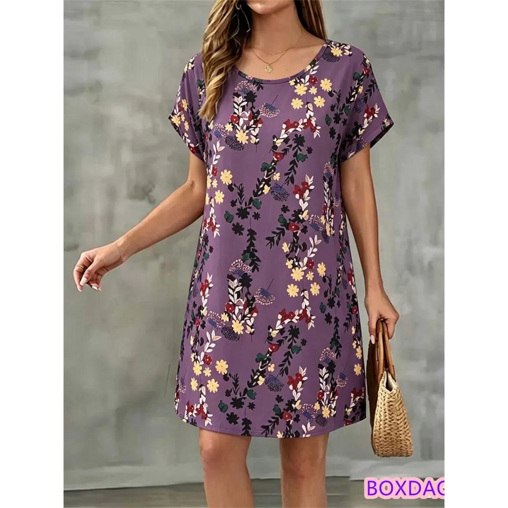 Flower Print Versatile Short-sleeved Dress Comfortable Simple Casual Dresses