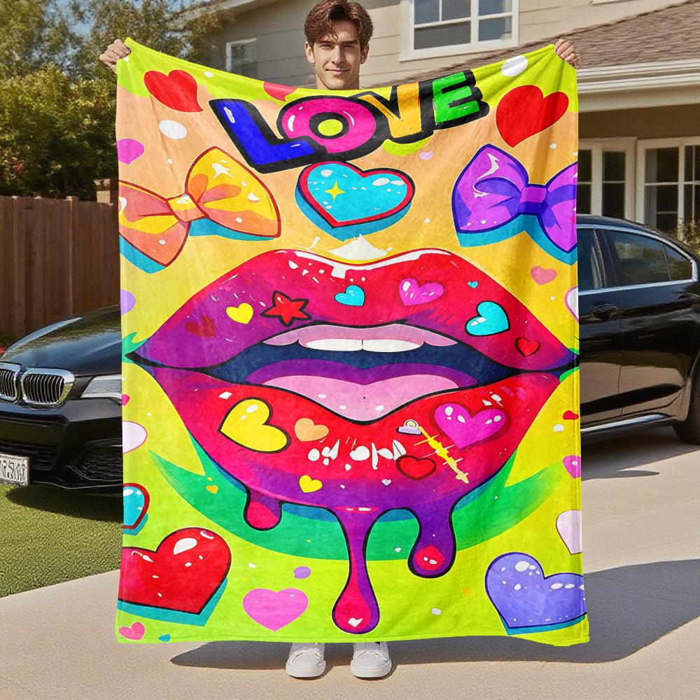 1pc Lips Love Outdoor Flannel Blanket Soft Warm All-Season Throw for Sofa Bed Car Camping Office, Cozy Gift Idea1137S