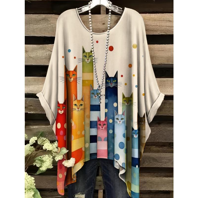 

Summer Women s Plus Size Plus Cute Animal Pattern Print Swallowtail Irregular Hem Round Neck Short Sleeve T-Shirt 5XL
