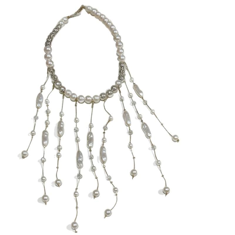 Handmade Pearl Tassel Choker Necklace Women Asymmetrical Wave Design Elegant Minimalist Statement Jewelry