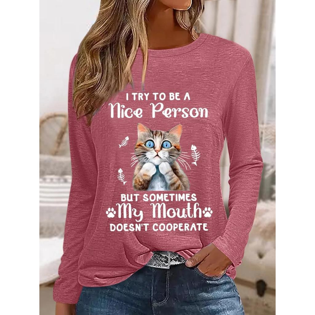 Okrągły dekolt 3D nadruk zabawny kot wzór top modny casual długi rękaw damskie koszulki